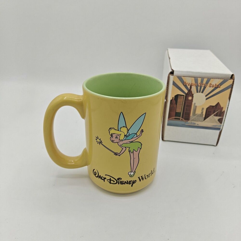 Disney World Tinkerbell Yellow Coffee Mug Cup Green Interior Fairy Vintage